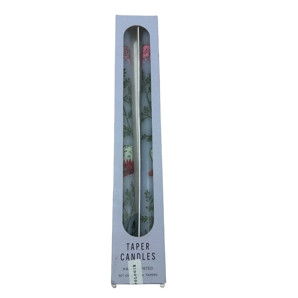 Anthropologie Hand Painted Taper Candles Set of 2 Blue Botanical 12in